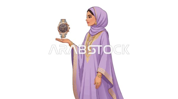 رسم توضيحي لامرأة عربية بالعباءة تحمل ساعة يد فاخرة
