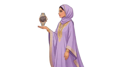رسم توضيحي لامرأة عربية بالعباءة تحمل ساعة يد فاخرة