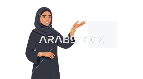 Arab Woman in Abaya Pointing to Blank Space Vector