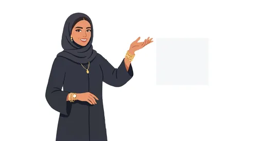 Arab Woman in Abaya Pointing to Blank Space Vector