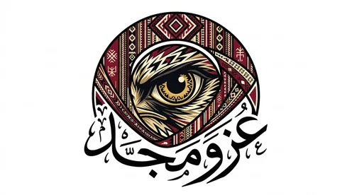 Falcon Eye Vector Logo with Sadu Pattern and Calligraphy