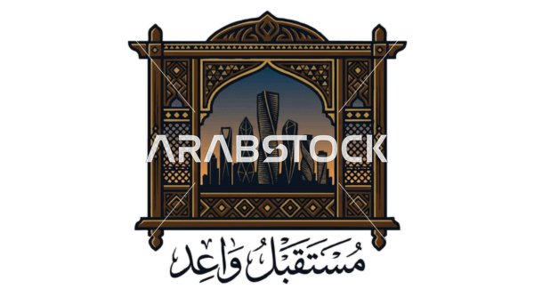 Riyadh Skyline KAFD in Traditional Islamic Frame Vector