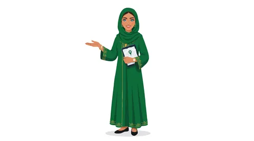 شخصية كرتونية لامرأة عربية بعباءة خضراء تقدم عرضاً