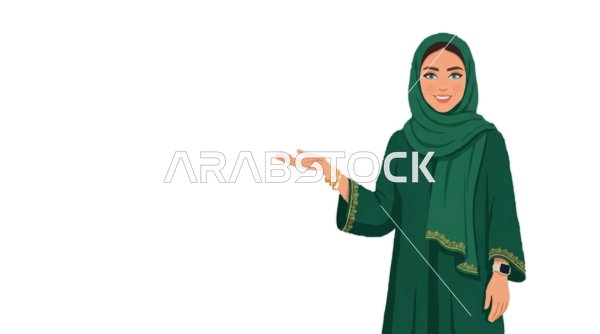 رسم توضيحي ناقل لامرأة عربية بالعباءة والحجاب تشير