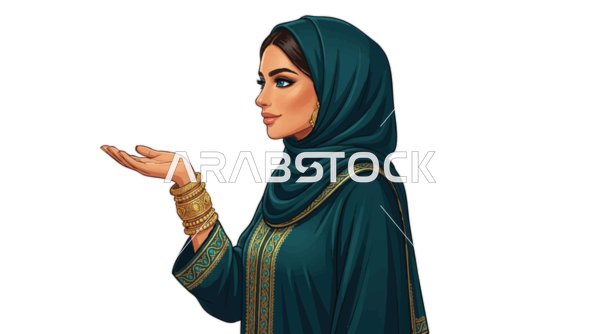 رسم توضيحي لامرأة عربية بالحجاب الأخضر تقدم شيئا