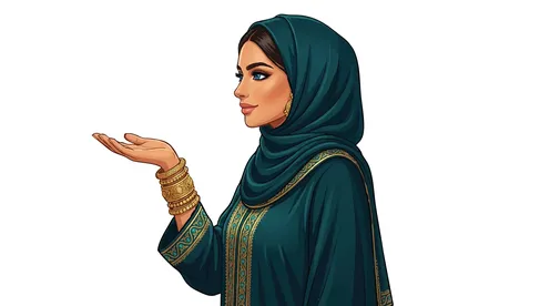 رسم توضيحي لامرأة عربية بالحجاب الأخضر تقدم شيئا