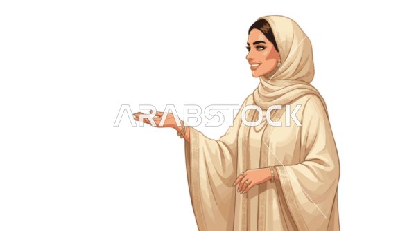 رسم توضيحي لامرأة عربية بالحجاب والعباءة تقدم شيئاً