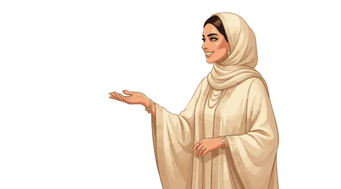 رسم توضيحي لامرأة عربية بالحجاب والعباءة تقدم شيئاً