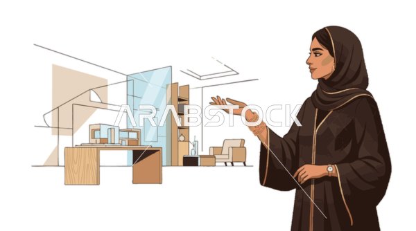 سيدة أعمال سعودية تعرض مخطط تصميم داخلي لمكتب حديث