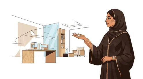 سيدة أعمال سعودية تعرض مخطط تصميم داخلي لمكتب حديث
