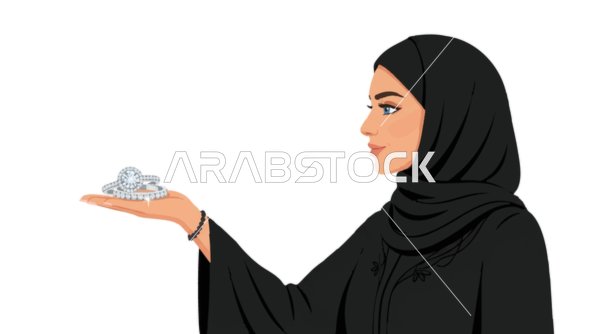 رسم توضيحي لامرأة عربية بالحجاب تحمل خاتم الماس