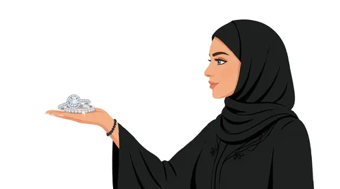 رسم توضيحي لامرأة عربية بالحجاب تحمل خاتم الماس