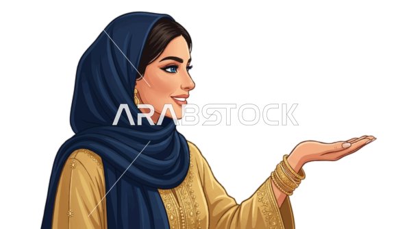 رسم توضيحي لامرأة عربية بالحجاب تشير بيدها على خلفية بيضاء