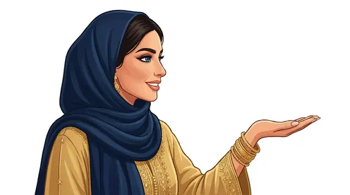 رسم توضيحي لامرأة عربية بالحجاب تشير بيدها على خلفية بيضاء