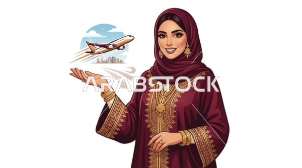امرأة عربية بالحجاب مع طائرة سفر رسوم توضيحية