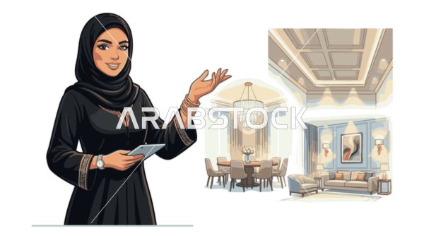 رسوم توضيحية لمهندسة ديكور داخلي عربية بالعباءة