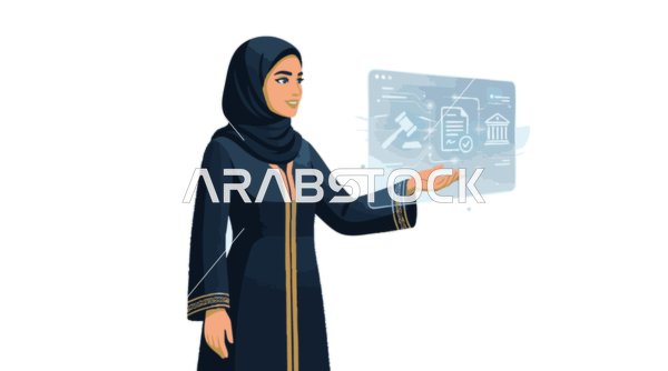 رسم توضيحي لمحامية عربية مسلمة مع شاشة هولوغرام قانونية