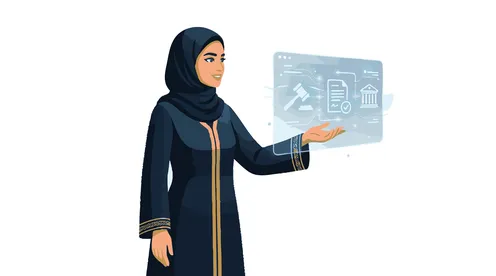 رسم توضيحي لمحامية عربية مسلمة مع شاشة هولوغرام قانونية