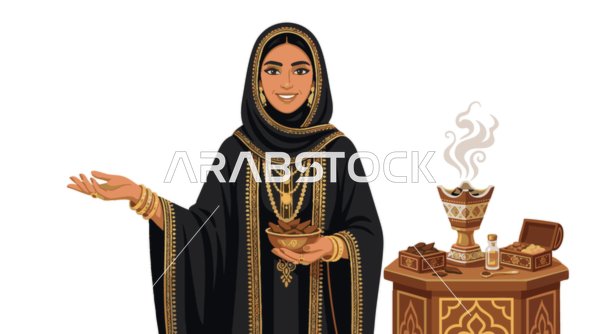 رسم كرتوني لامرأة عربية خليجية مع مبخرة وبخور تقليدي