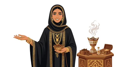 رسم كرتوني لامرأة عربية خليجية مع مبخرة وبخور تقليدي