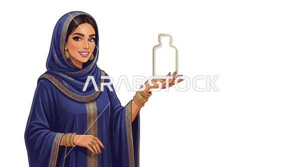 رسم توضيحي لامرأة عربية بالعباءة تحمل زجاجة عطر