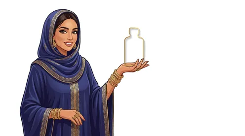 رسم توضيحي لامرأة عربية بالعباءة تحمل زجاجة عطر