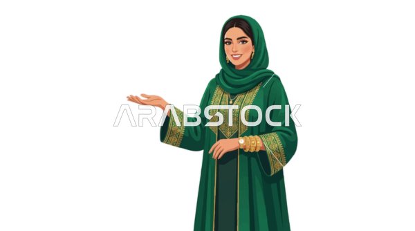 رسم متجهي لامرأة عربية بالعباية الخضراء والحجاب معزول