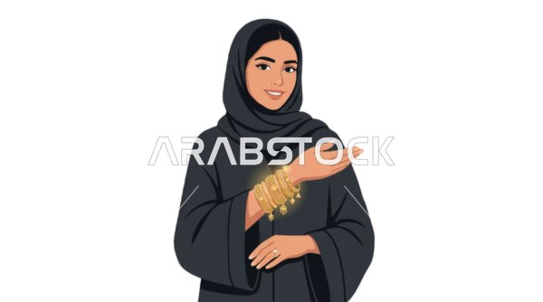 رسم فيكتور لامرأة عربية بالعباءة السوداء مع أساور ذهب براقة
