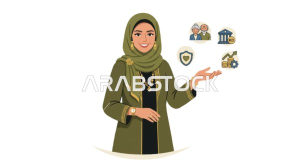 رسم متجهي لامرأة عربية بالحجاب تقدم خدمات التخطيط المالي