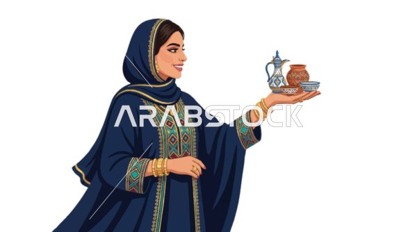 امرأة عربية بالعباءة التقليدية تحمل دلة القهوة العربية