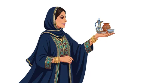 امرأة عربية بالعباءة التقليدية تحمل دلة القهوة العربية