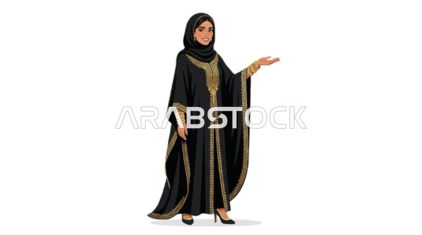 رسم توضيحي لامرأة إماراتية بعباءة سوداء مطرزة معزولة