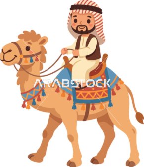 رسم توضيحي لرجل عربي يركب جملاً مزيناً بالسرج