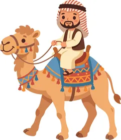 رسم توضيحي لرجل عربي يركب جملاً مزيناً بالسرج