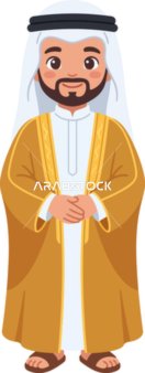 Cute Cartoon Arab Man in Traditional Thobe and Golden Bisht Vector Illustration