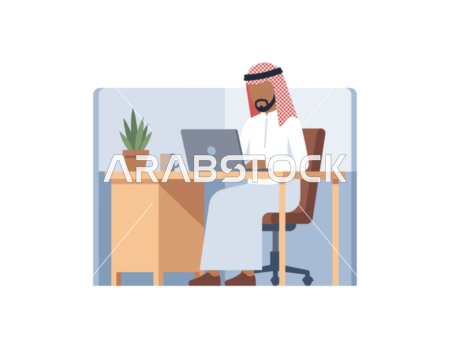 Arab Businessman Working on Laptop at Office Desk Vector