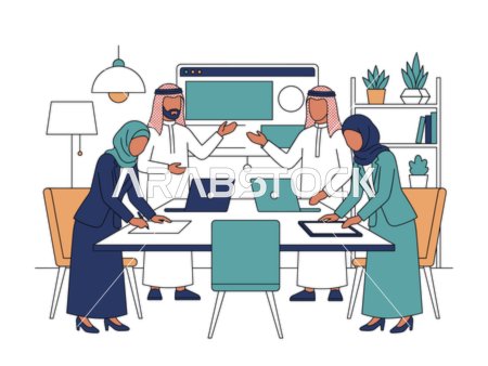 رسم توضيحي لاجتماع فريق عمل وموظفين عرب في المكتب