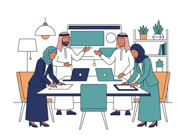 رسم توضيحي لاجتماع فريق عمل وموظفين عرب في المكتب