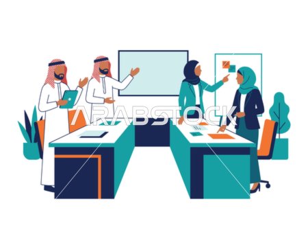 رسم توضيحي مسطح لاجتماع فريق عمل من رجال وسيدات أعمال عرب