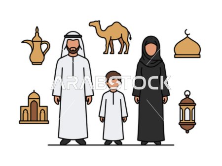 Arab Family Vector Illustration and Middle Eastern Icons