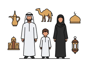 Arab Family Vector Illustration and Middle Eastern Icons