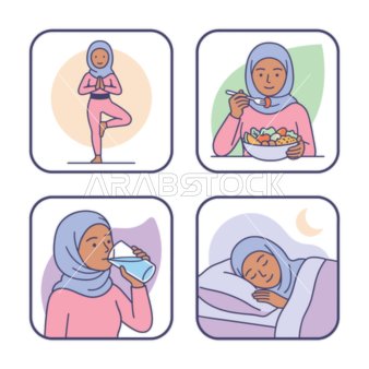 أيقونات متجهة لروتين الحياة الصحي للمرأة المسلمة