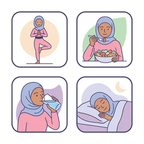 Muslim Woman Healthy Daily Routine Vector Icons Set