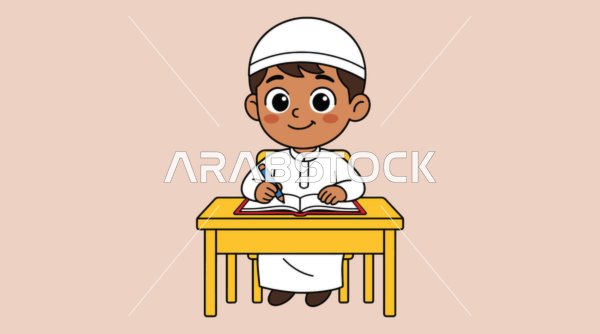 رسم توضيحي لولد سعودي يكتب على مقعد دراسي بالمدرسة