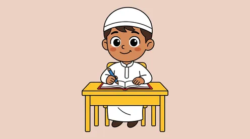 Saudi Boy Student Writing at School Desk Illustration
