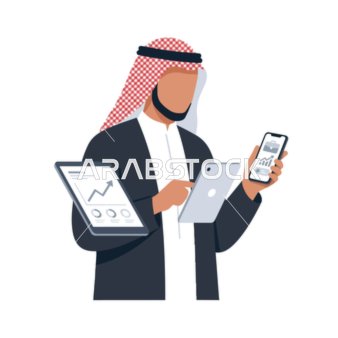 رسم توضيحي لرجل أعمال سعودي يحمل أجهزة لوحية رقمية