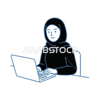Hijab Woman Working on Laptop Vector Illustration
