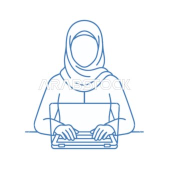 Muslim Woman Hijab Laptop Vector Line Art Illustration