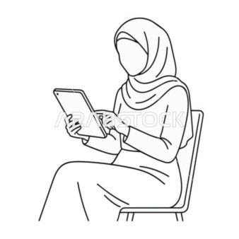 رسم توضيحي لامرأة مسلمة بالحجاب تستخدم جهاز لوحي