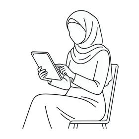 رسم توضيحي لامرأة مسلمة بالحجاب تستخدم جهاز لوحي